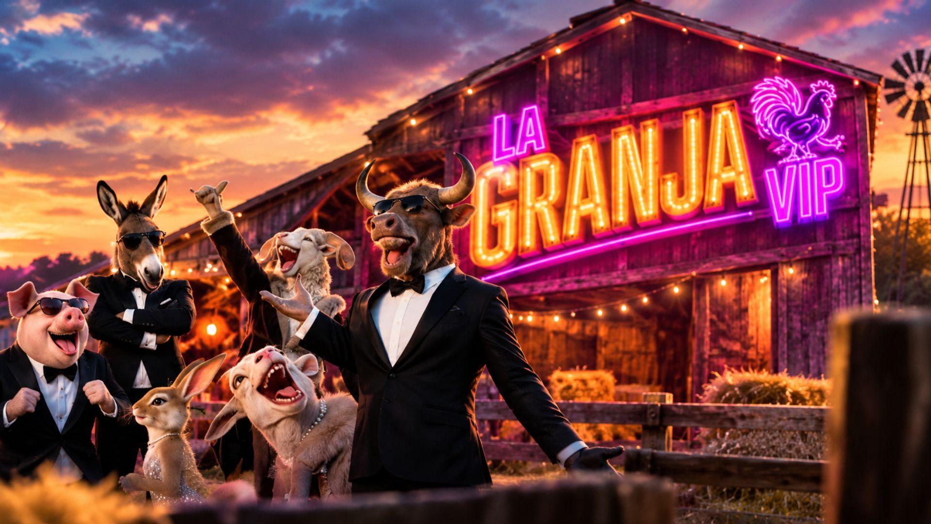Animales vestidos de gala frente al granero de La Granja VIP, con el nombre del reality iluminado en neón al atardecer.