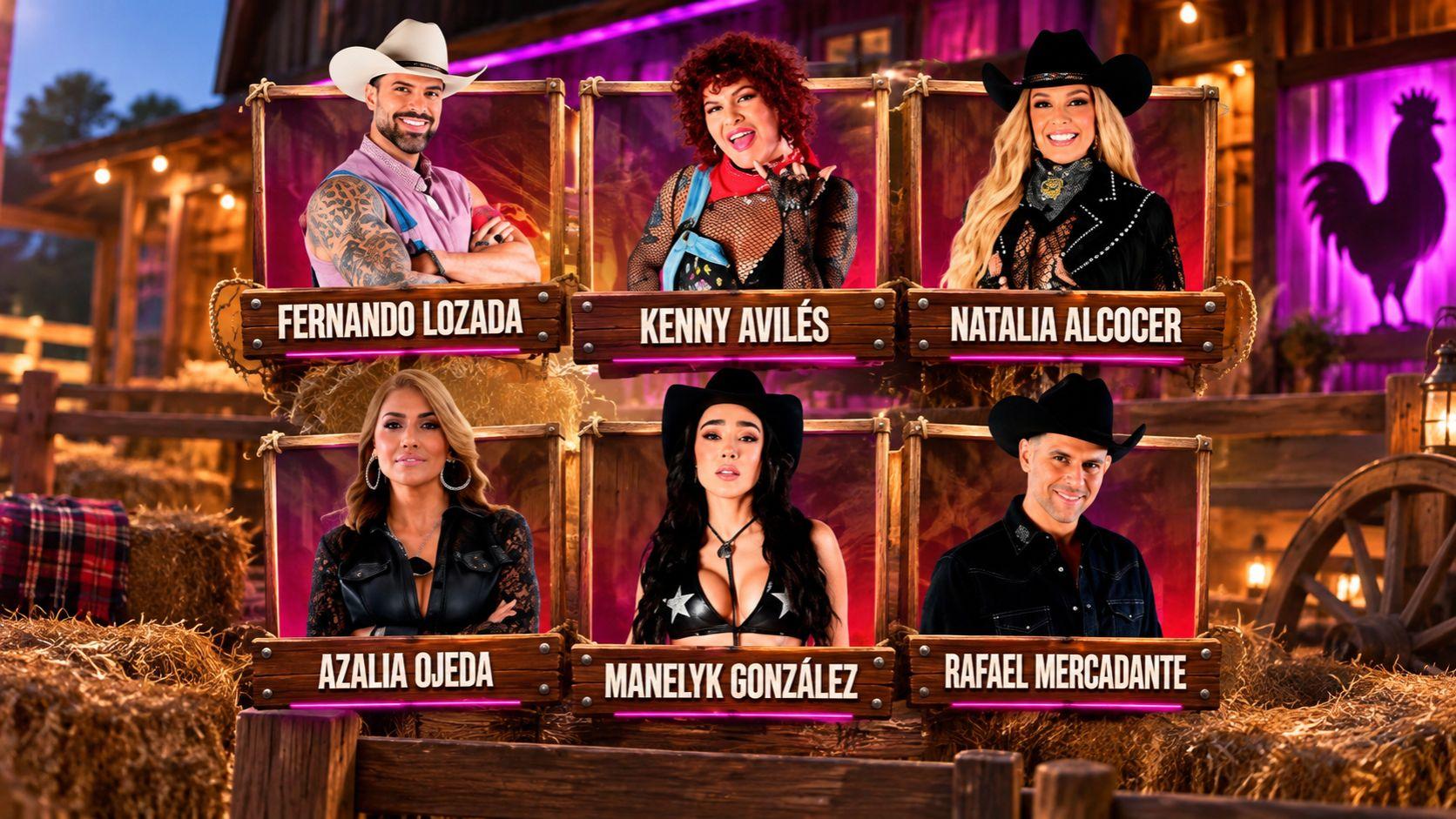 Fernando Lozada, Kenny Avilés, Natalia Alcocer, Azalia Ojeda, Manelyk González y Rafael Mercadante en un diseño de La Granja VIP.