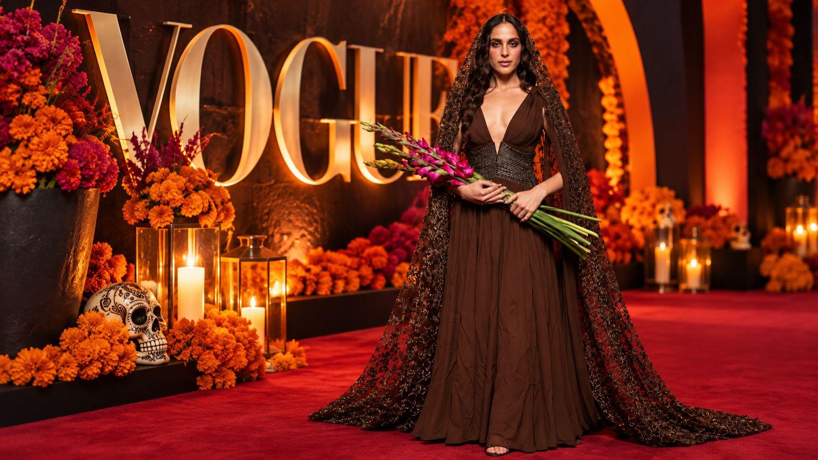Invitada de la Gala Vogue Día de Muertos 2026 luce un vestido café con capa de encaje y flores rosas en un escenario elegante.