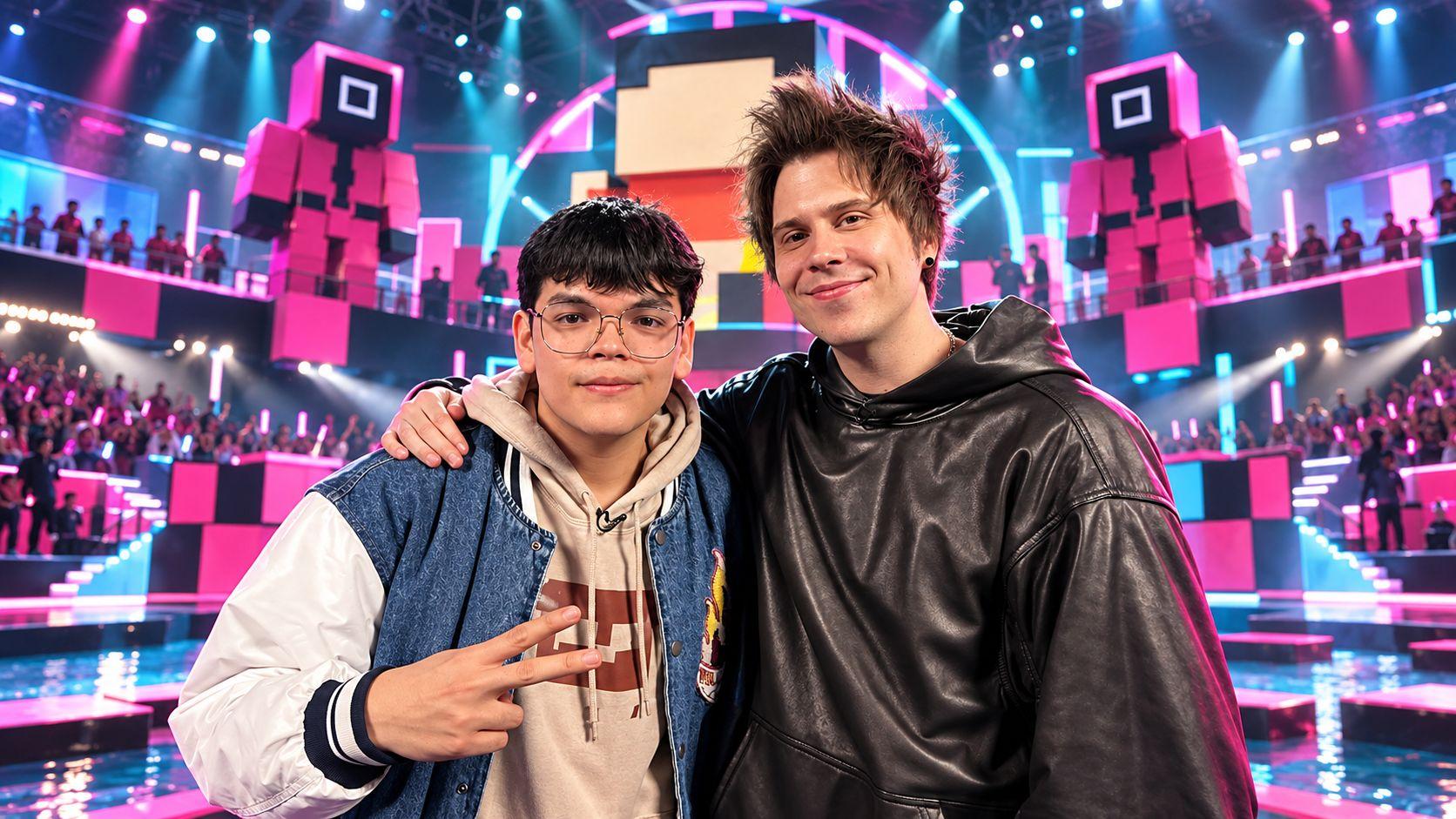 Komanche junto a otro creador de contenido en un escenario inspirado en Squid Craft Games, con luces rosas y azules.